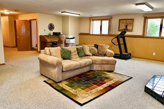 carpeted living room featuring baseboards