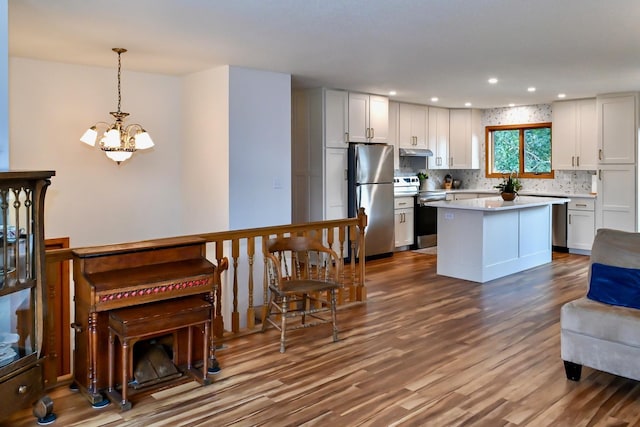 kitchen featuring under cabinet range hood, stainless steel appliances, tasteful backsplash, and dark wood finished floors