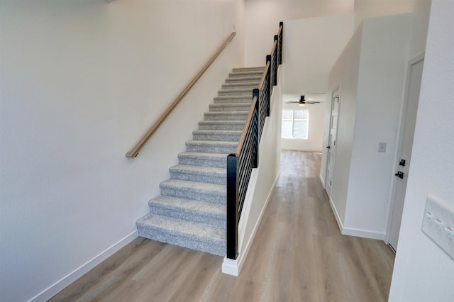 stairway featuring ceiling fan and hardwood / wood-style flooring