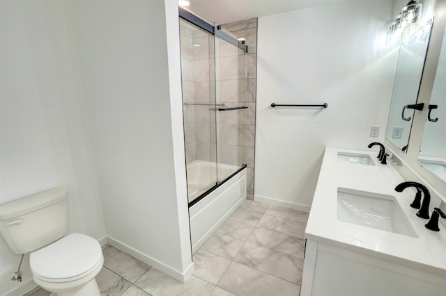 full bathroom featuring shower / bath combination with glass door, toilet, and vanity