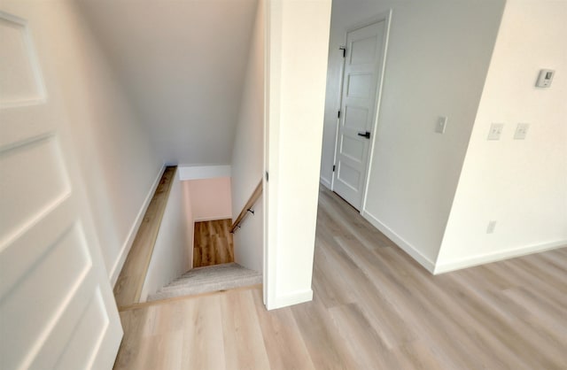 staircase with hardwood / wood-style flooring