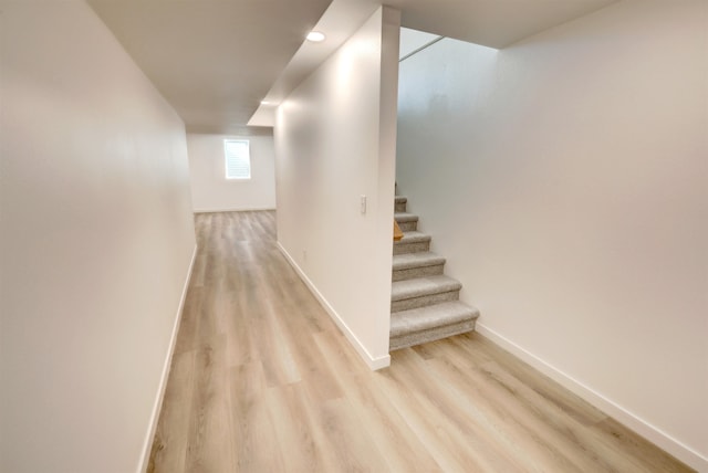 basement with light hardwood / wood-style floors