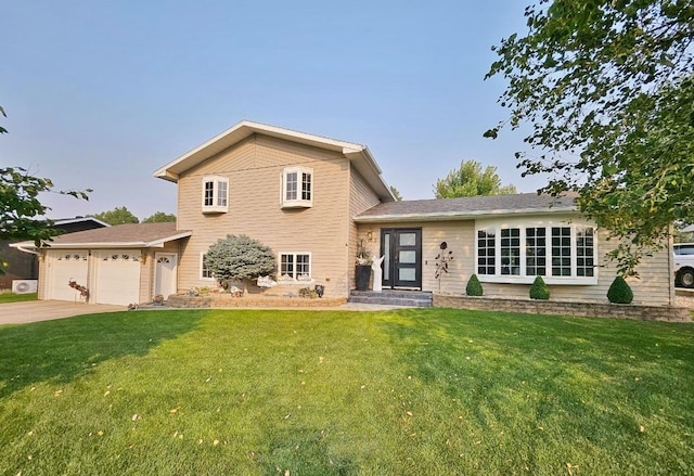 exterior space featuring a garage and a front lawn