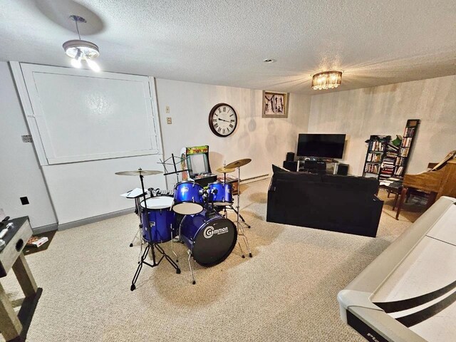 carpeted living room featuring a textured ceiling