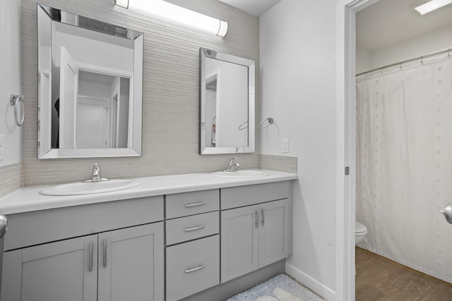 2424 Landmark Dr, Minot, ND 58703 - full bath featuring double vanity, backsplash, toilet, and a sink