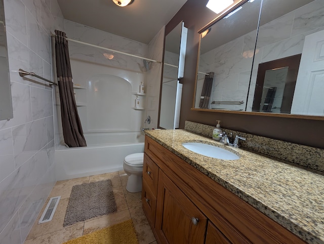 full bathroom with vanity, tile walls, toilet, and shower / bathtub combination with curtain