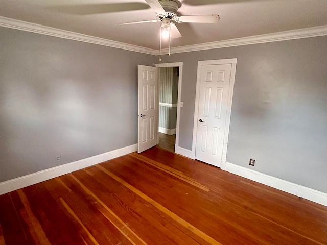 unfurnished room featuring ceiling fan, crown molding, and hardwood / wood-style floors