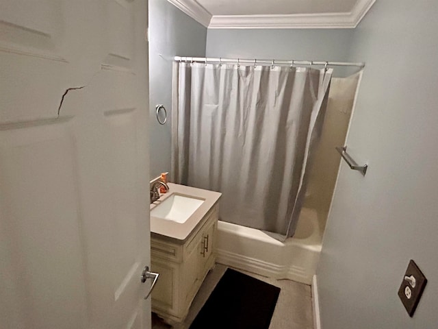 bathroom featuring shower / bath combination with curtain, vanity, and crown molding