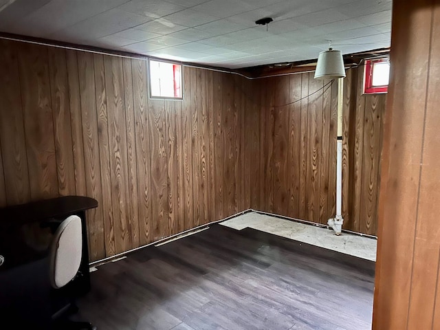 basement featuring wooden walls, dark hardwood / wood-style flooring, and a healthy amount of sunlight