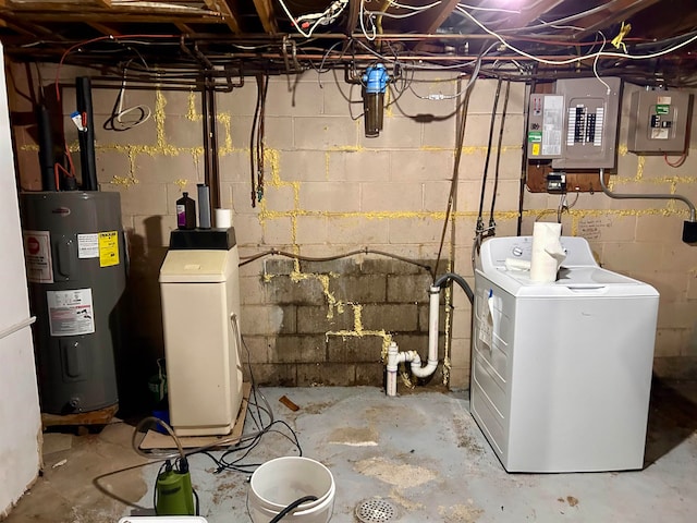 utility room featuring washer / clothes dryer, electric water heater, and electric panel