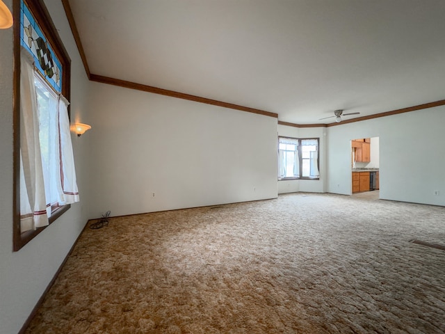 carpeted spare room with ceiling fan and ornamental molding