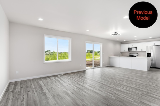 unfurnished living room with light hardwood / wood-style flooring and sink