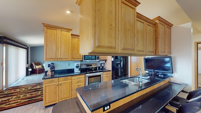 kitchen with light hardwood / wood-style flooring, stainless steel appliances, light brown cabinets, and sink