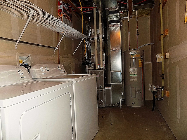 washroom with water heater and independent washer and dryer