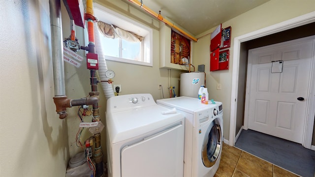 laundry room featuring washer and dryer, tile patterned flooring, and electric water heater