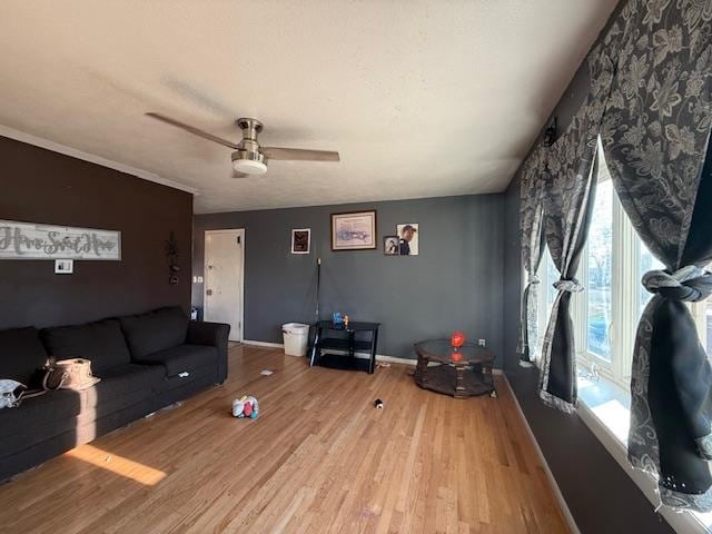 living room with light hardwood / wood-style floors and ceiling fan