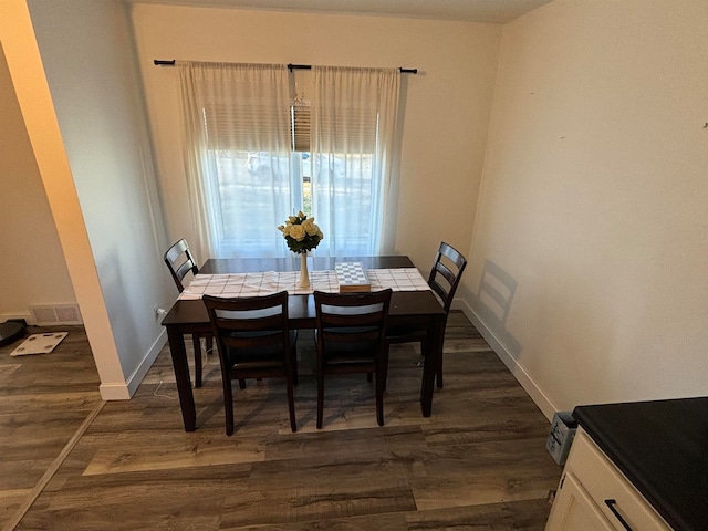 dining area with visible vents, baseboards, and dark wood finished floors