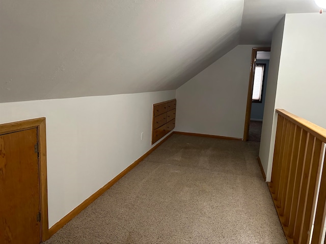 additional living space featuring light carpet and vaulted ceiling