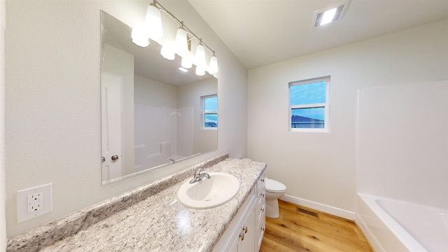 bathroom featuring wood-type flooring, vanity, and toilet