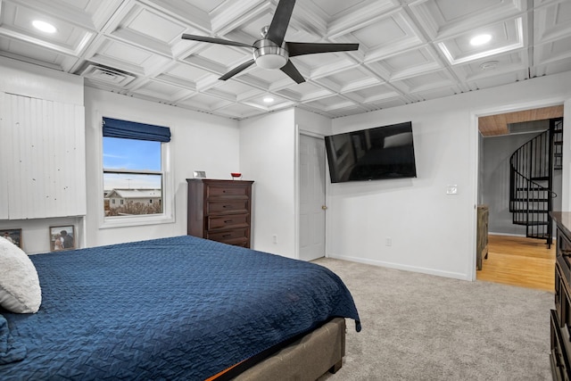 bedroom featuring beamed ceiling, carpet floors, ceiling fan, and coffered ceiling