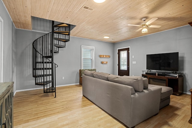 living room with light hardwood / wood-style flooring, ceiling fan, and wood ceiling