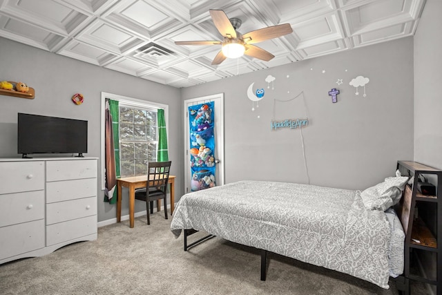 bedroom with carpet flooring, ceiling fan, and coffered ceiling