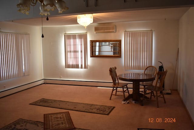 dining space featuring a wall unit AC, carpet flooring, and an inviting chandelier