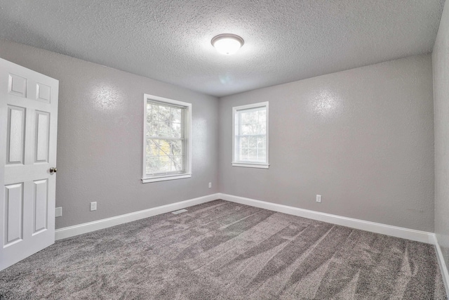 carpeted empty room featuring a textured ceiling