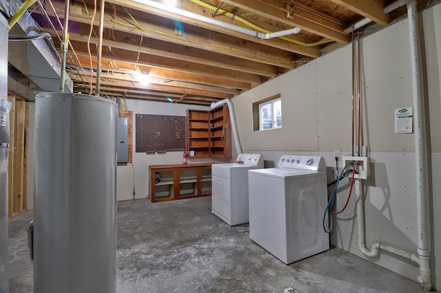 clothes washing area with washing machine and dryer and electric panel