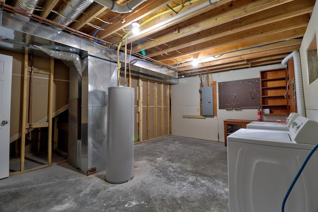 basement with washer and dryer, electric panel, heating unit, and gas water heater