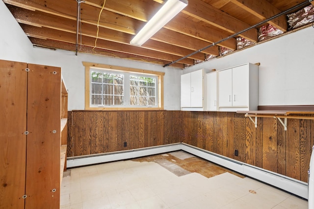 basement featuring wood walls