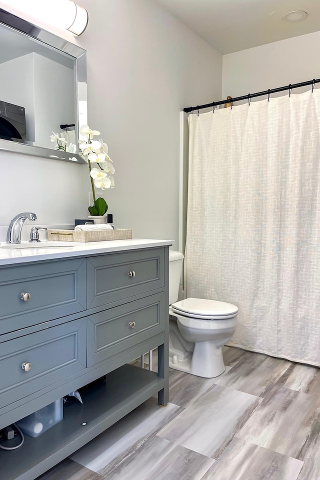 bathroom featuring vanity, wood-type flooring, and toilet