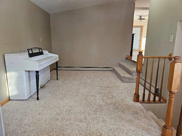 miscellaneous room with a textured ceiling, carpet floors, and a baseboard heating unit