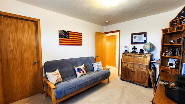 living room featuring light carpet and a textured ceiling