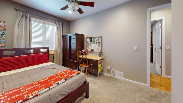 bedroom featuring carpet flooring and ceiling fan