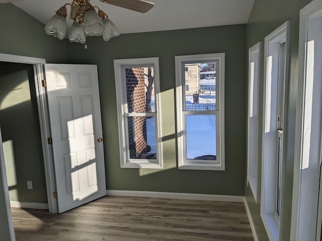 doorway to outside featuring a chandelier and wood-type flooring