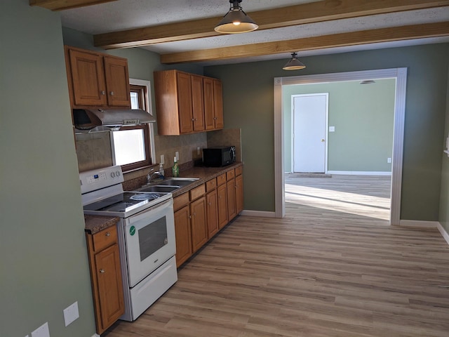 kitchen featuring decorative backsplash, light wood-type flooring, exhaust hood, pendant lighting, and white electric stove