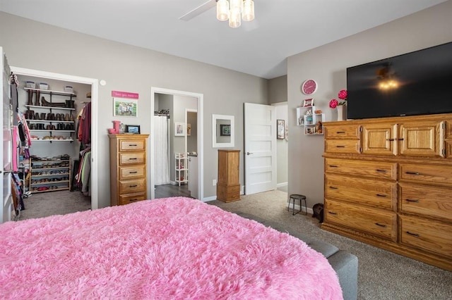 bedroom featuring a spacious closet, dark carpet, a closet, and ceiling fan