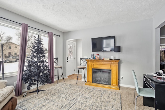 living room with a textured ceiling