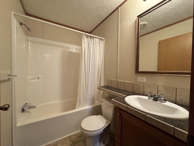 full bathroom with vanity, shower / bath combination with curtain, tile patterned flooring, toilet, and a textured ceiling