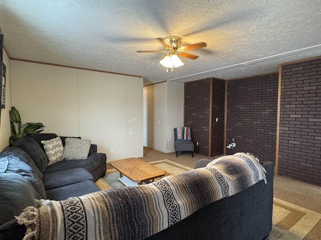 living room with light carpet, a textured ceiling, and ceiling fan