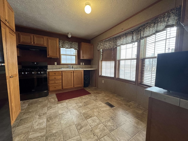 kitchen with black gas range, sink, and a textured ceiling