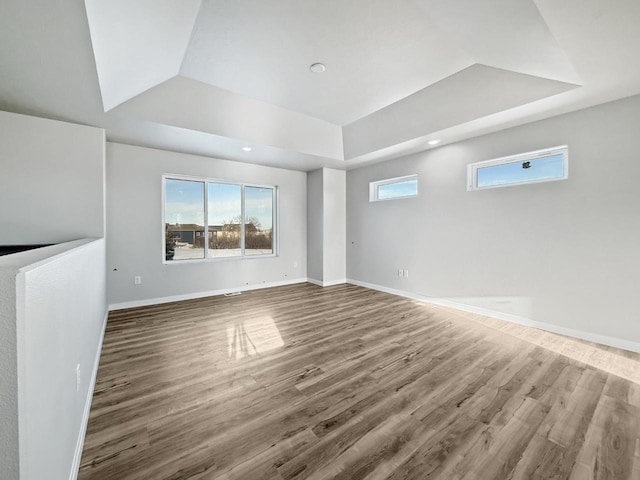 unfurnished living room featuring hardwood / wood-style floors and a raised ceiling