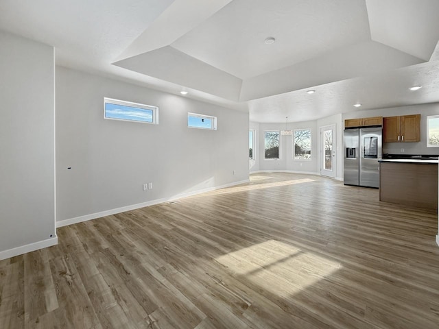 unfurnished living room with hardwood / wood-style floors and a raised ceiling