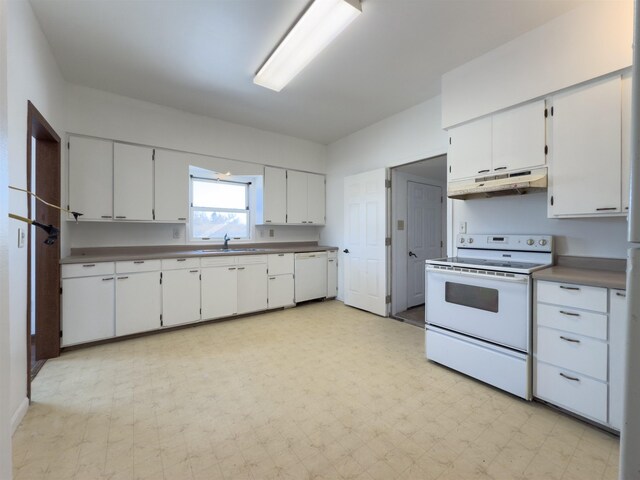 kitchen with white dishwasher, white cabinetry, range, and sink