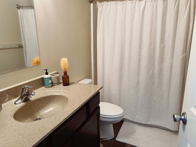 bathroom featuring vanity, wood-type flooring, and toilet