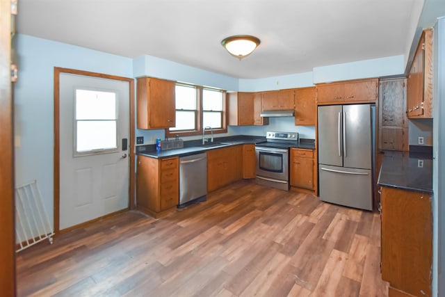 kitchen with hardwood / wood-style floors, appliances with stainless steel finishes, and sink