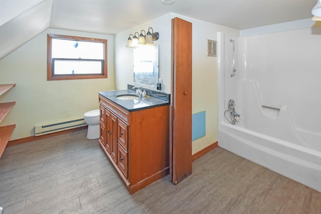 full bathroom with vanity, a baseboard radiator, toilet, and hardwood / wood-style flooring