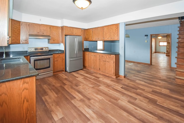 kitchen with stainless steel appliances, extractor fan, a healthy amount of sunlight, dark wood-type flooring, and sink