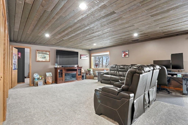 living room featuring a fireplace, carpet floors, and wooden ceiling